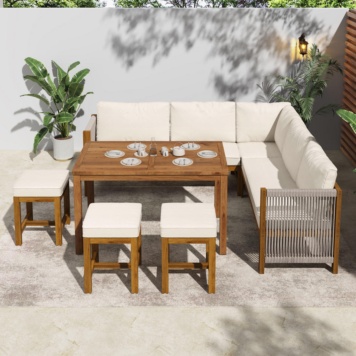 GARTENSET, 7-8 Personen, Polyrattan, Akazientisch, Beige/Natur - Multicolor, Textil - FLIEKS