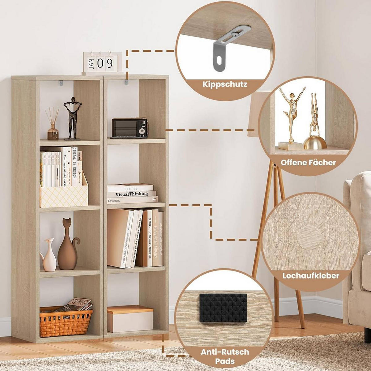 BÜCHERREGAL mit 4 Ebenen, 30x106,5x23,5 cm, Helle Eiche - Eichefarben, Holzwerkstoff (30/106.5/23.5cm) - Woltu