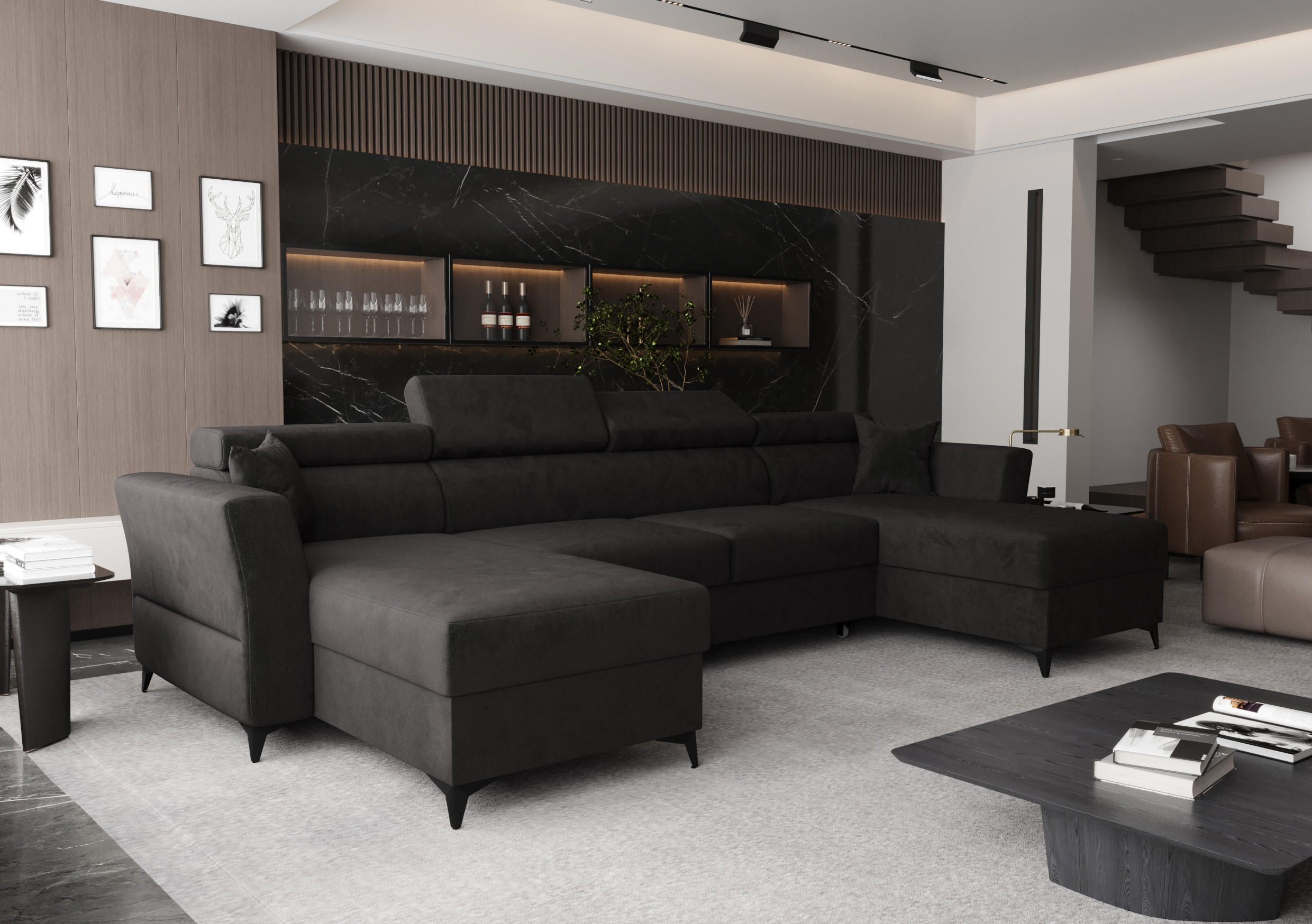 WOHNLANDSCHAFT Ribella Grafit 345/180/100 cm mit Schlaffunktion - Schwarz, Textil/Metall (345/100/180cm) - AX Living