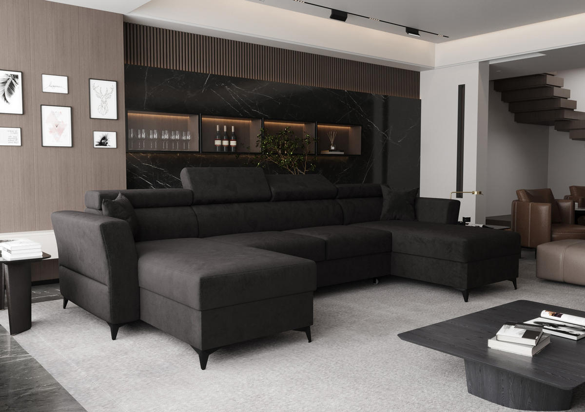 WOHNLANDSCHAFT Ribella Grafit 345/180/100 cm mit Schlaffunktion - Schwarz, Textil/Metall (345/100/180cm) - AX Living