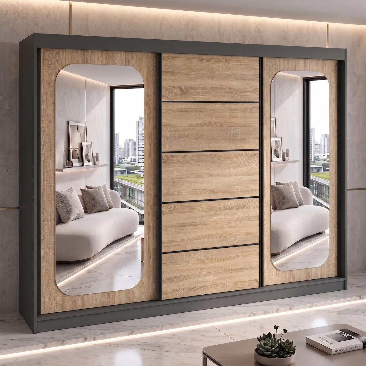 SCHWEBETÜRENSCHRANK BELANO 200 cm. Innenausstattung: Comfort plus - Graphitfarben/Braun, Holzwerkstoff (200/215/59.5cm) - A&J MöbelLand