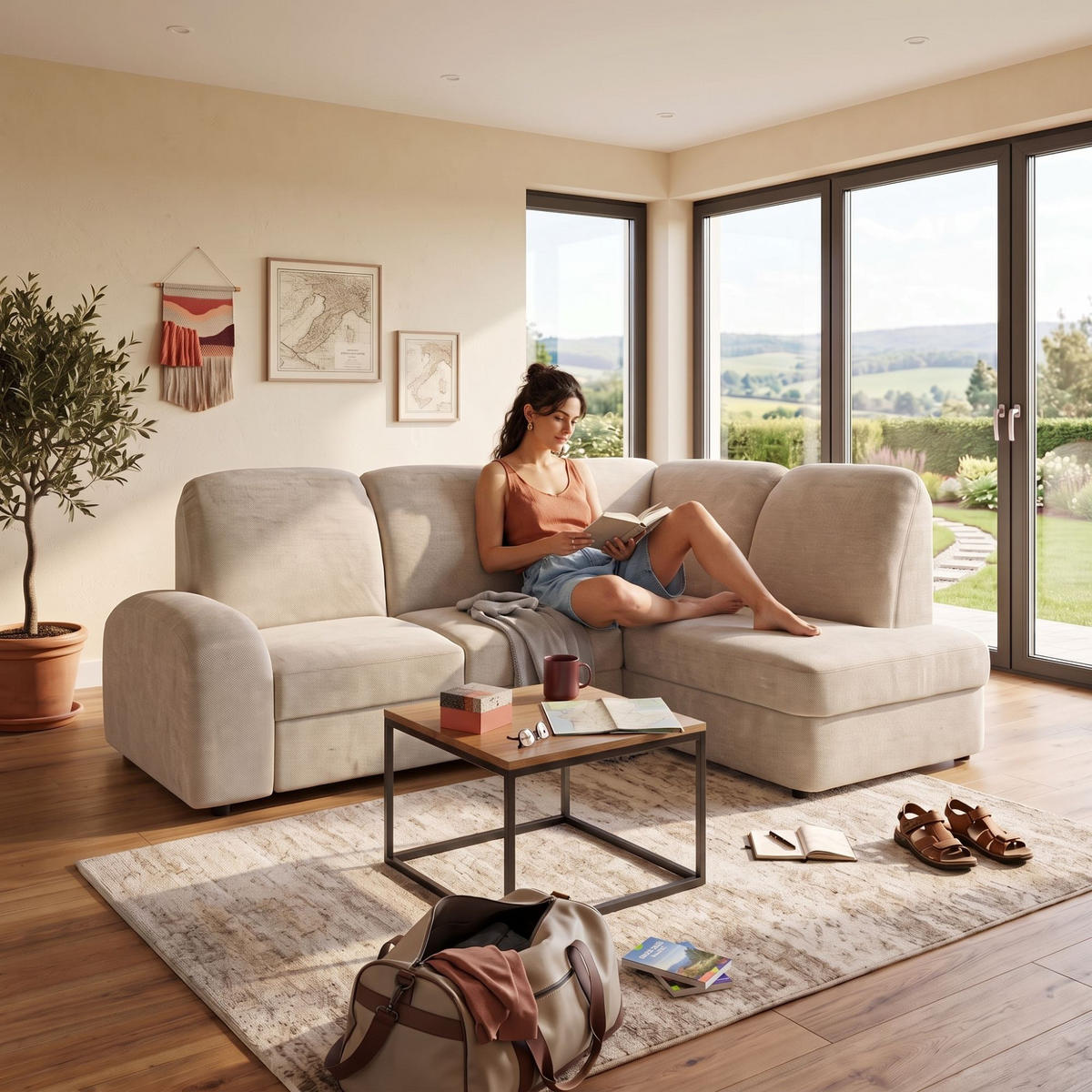 ECKSOFA VIBE L Rechts mit Schlaffunktion 129x205 Chenille Beige - Beige/Schwarz, Holz/Kunststoff (250/186cm) - Muffo
