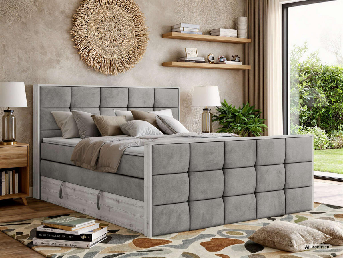 BOXSPRINGBETT ALNOR KING DUO 200/200 - Hellgrau Velvet - Topper T25 - H3 - Hellgrau/Schwarz, Kunststoff/Textil (200/200cm) - MKS