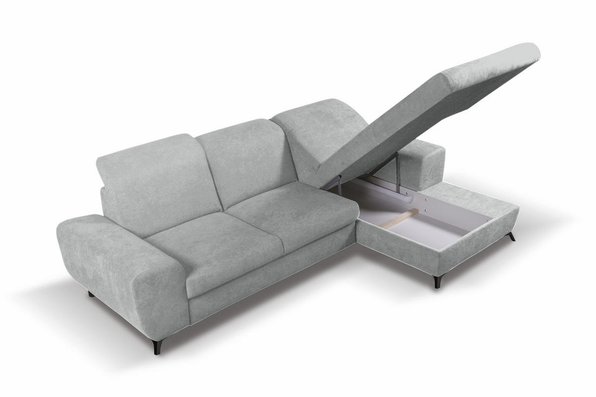 ECKSOFA LUCE R-S Grau Plüsch-Stoff mit Schlaffunktion - Grau, Holz (279/172cm) - MASSENO