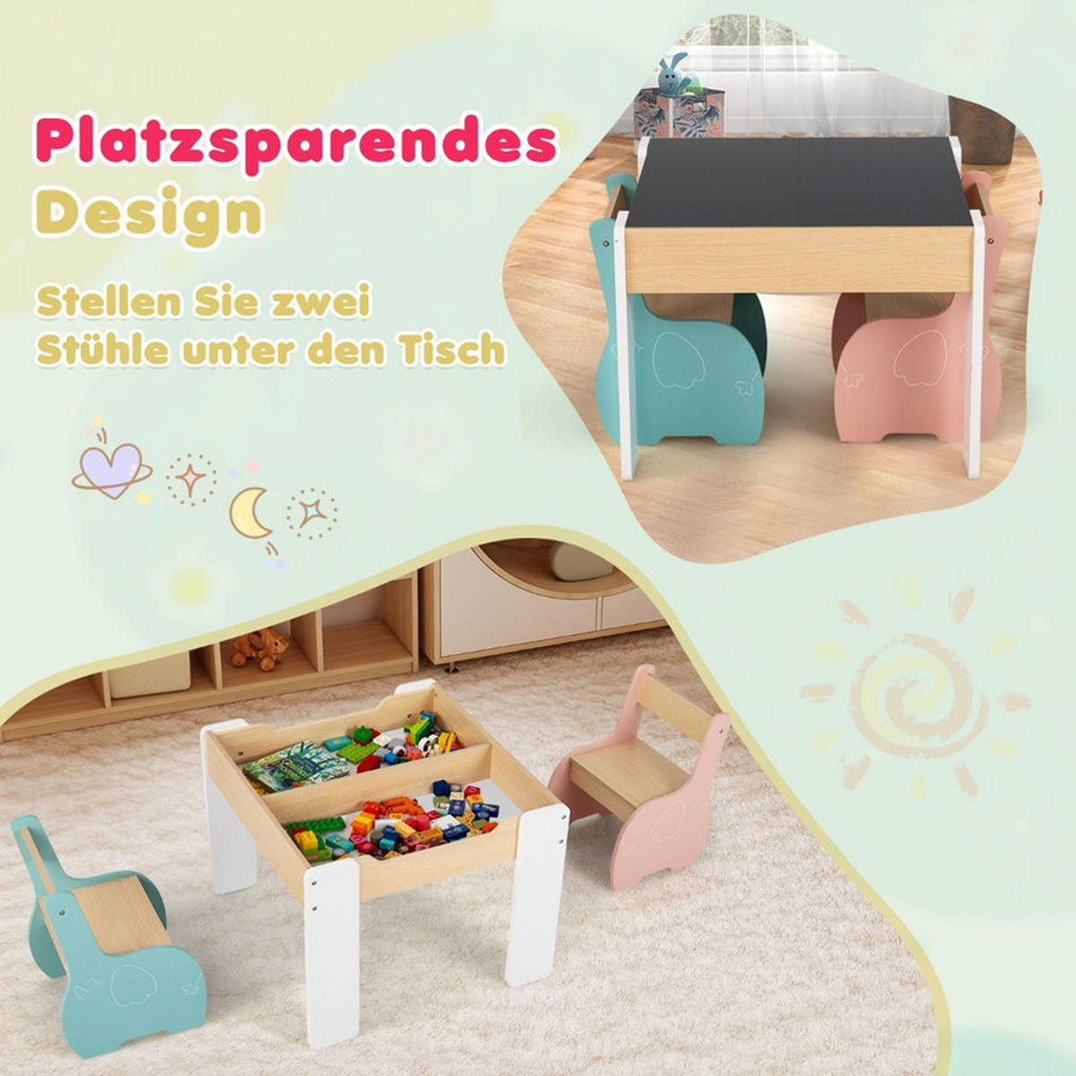 KINDERTISCH mit Stuhl bunt(3-tlg) - Multicolor, Holzwerkstoff (63.5/48/61.5cm) - COSTWAY