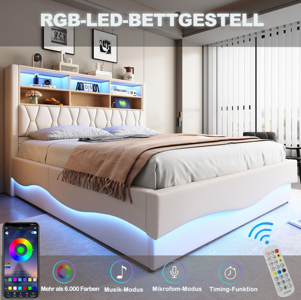 POLSTERBETT 180/200 cm aus Eisen mit LED und USB, Beige - Beige, Metall (180/200cm) - OKMYHOME