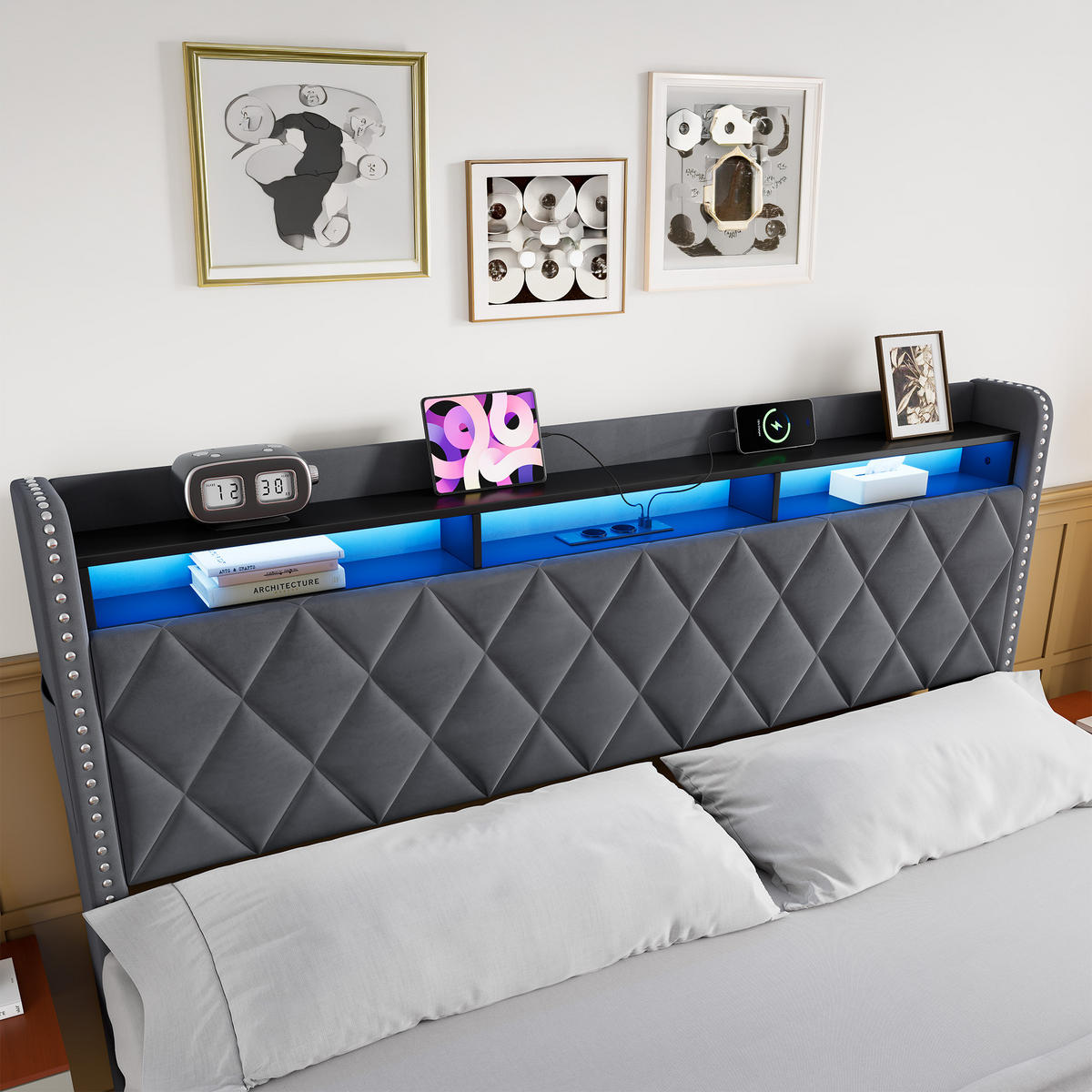 POLSTERBETT 180/200 cm Dunkelgrau mit LED-Beleuchtung & USB-Ladefunktion - Dunkelgrau, Textil (180/200cm) - Flora Grace