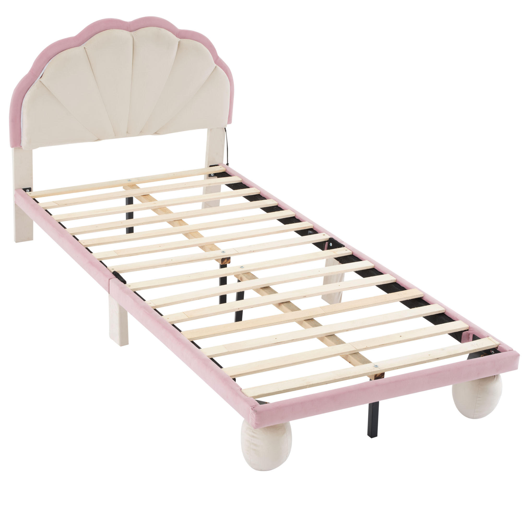 KINDERBETT 90/200 cm DE-04196, mit LED-Lichtstreifen, Wellenschliff-Kopfteil und Samtbezug, in Beige/Rosa - Weiß, Holz (90/200cm) - ComfortXL
