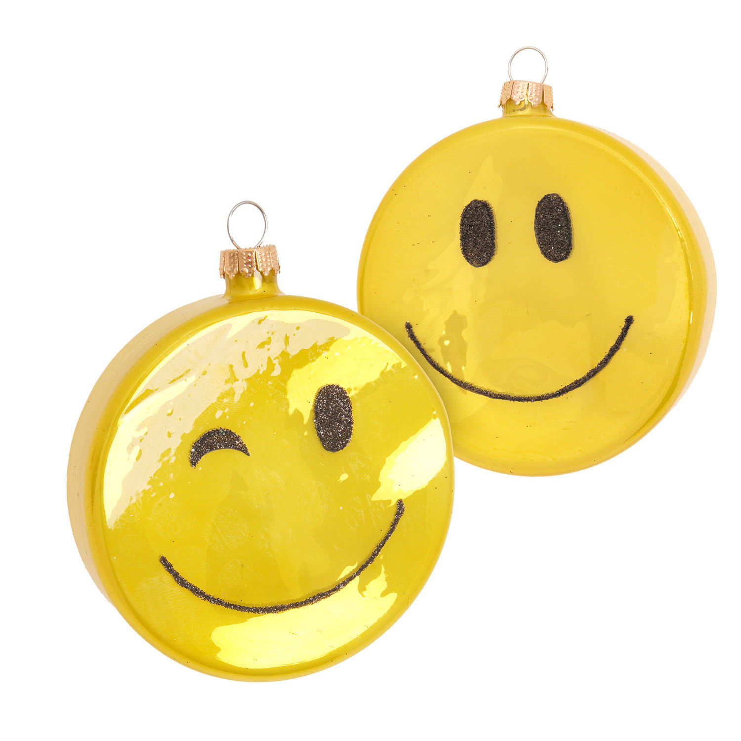 CHRISTBAUMSCHMUCK Smiley Taler Gelb 8cm (Glas / 1 Stk.) - Gelb, Glas (8/8/2cm) - Krebs Glas Lauscha