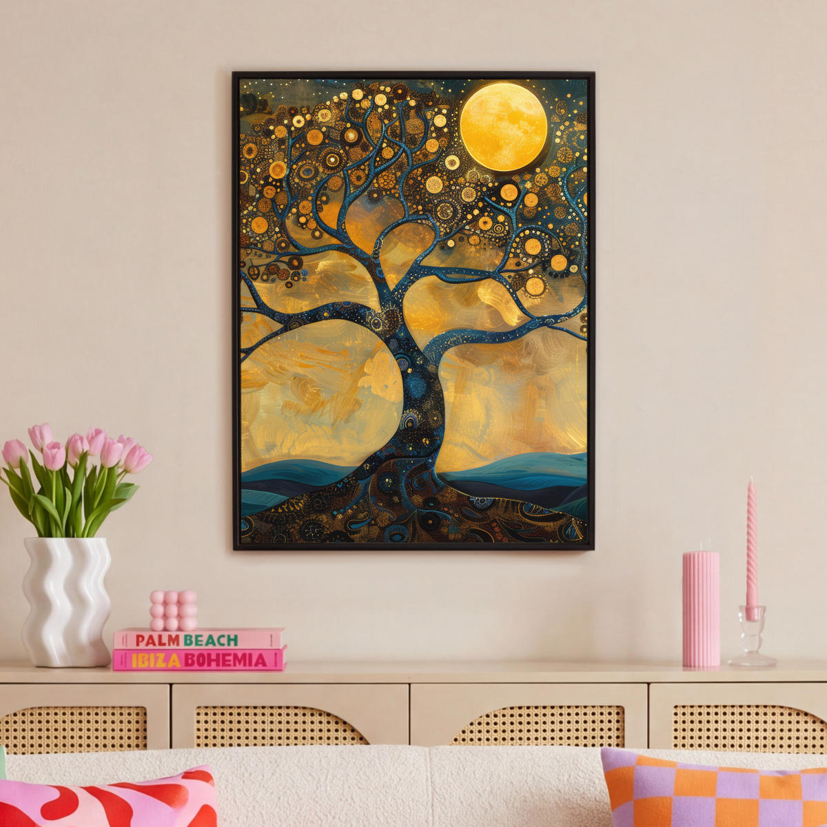 LEINWAND Bilder mit Rahmen - Baum - Mond - Blumen - Gold - Kunst - 70x100 - Orange, Textil (70/100cm) - MuchoWow