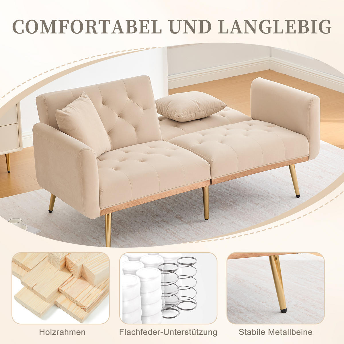 SCHLAFSOFA Samt mit verstellbarer Rückenlehne Beige 165/72,5/75 cm - Beige, Textil (72.5/75/165cm)