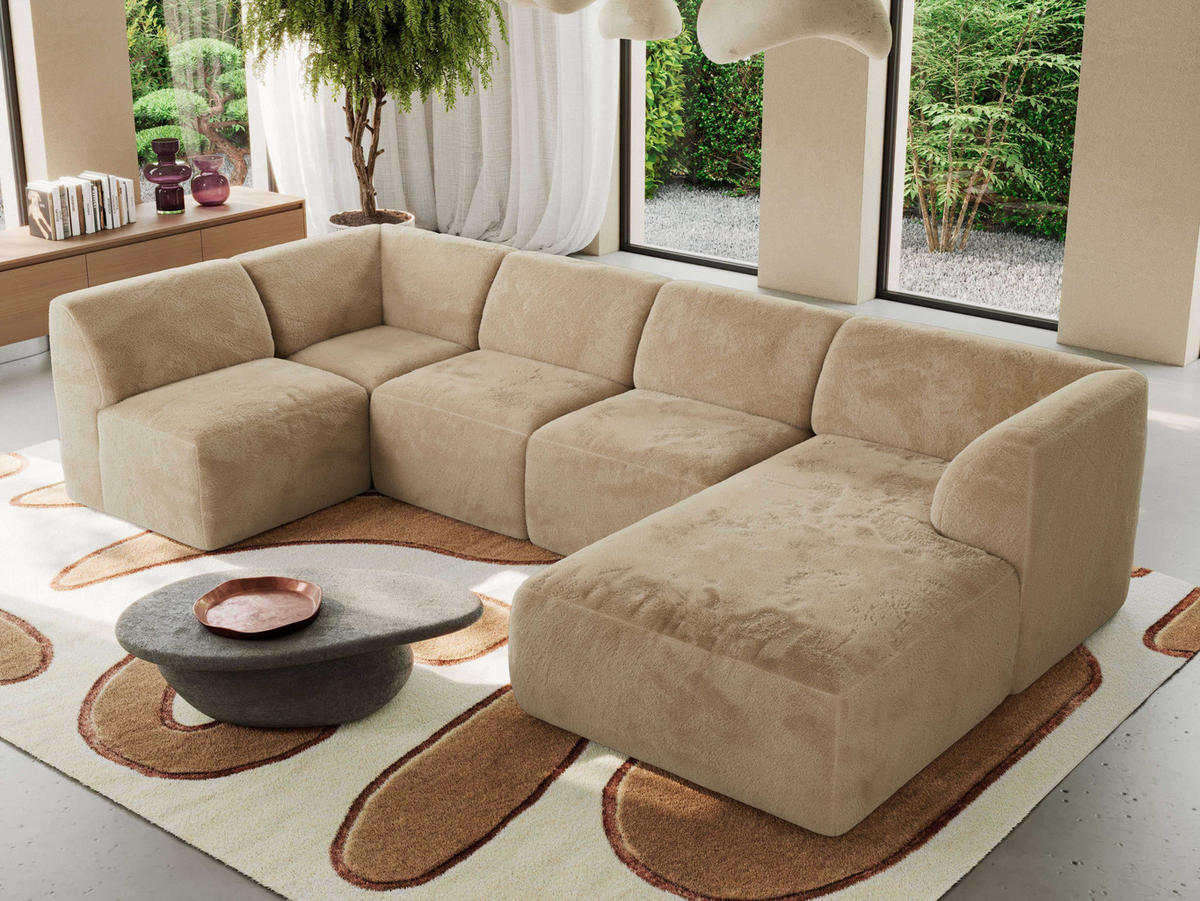 WOHNLANDSCHAFT MODARO U 5M - Beige Plüsch - Rechts - Beige/Schwarz, Textil (345/78/180cm) - MKS