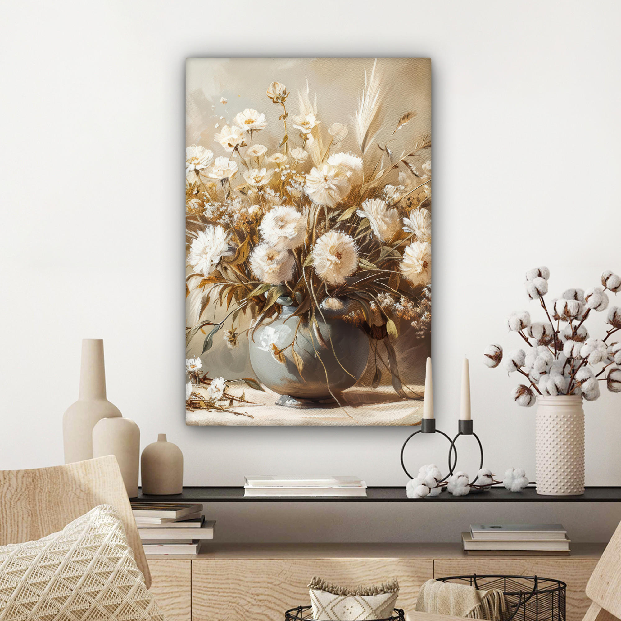 LEINWANDBILD Blumen - Vase - Stilleben - Beige 60x90 cm - Creme, Textil (60/90cm) - MuchoWow