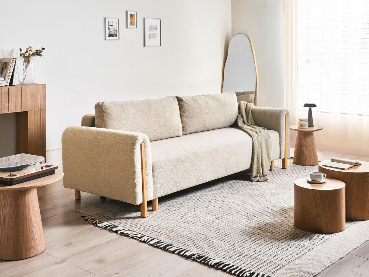 ROZKLÁDACÍ POHOVKA 3-místná Bouclé Světle béžová s úložným prostorem Kvam - světle hnědá, textil (242/85/99cm) - Beliani