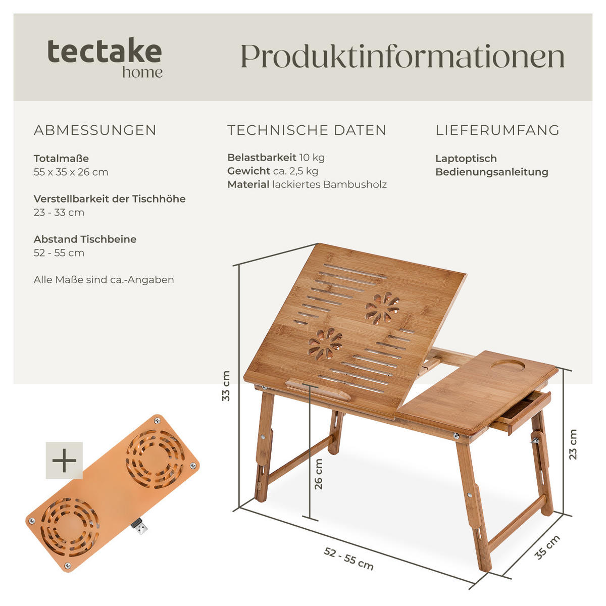 LAPTOPTISCH Kerstin,55 x 35 x 26 cm,braun - Braun, Holz (55/35/26cm) - tectake