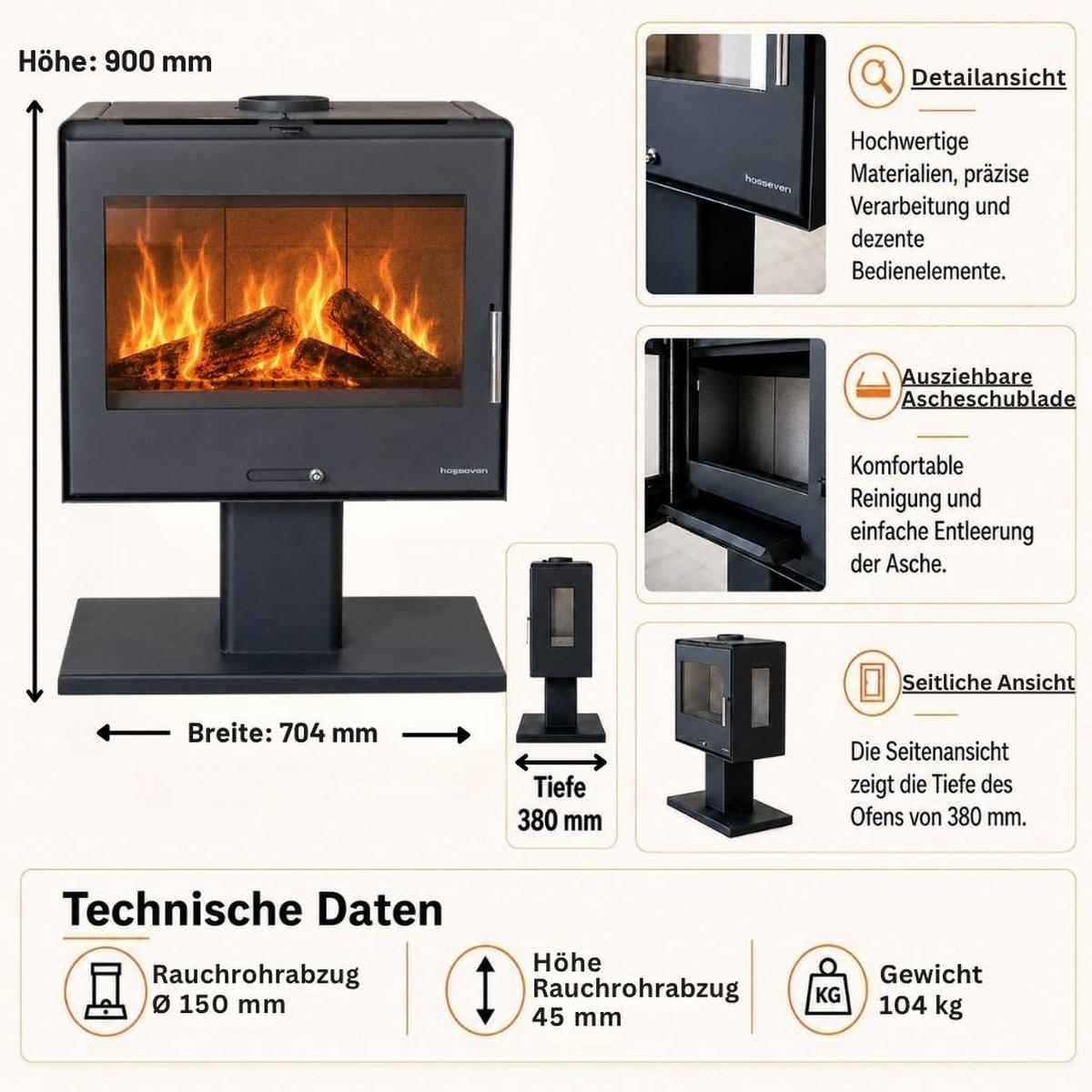 KAMINOFEN Holzofen Wohnzimmer Holzkamin 5071 Panorama 3 Seiten Glas 10 kW - Schwarz, Metall (70.4/90/38cm) - DanDiBo