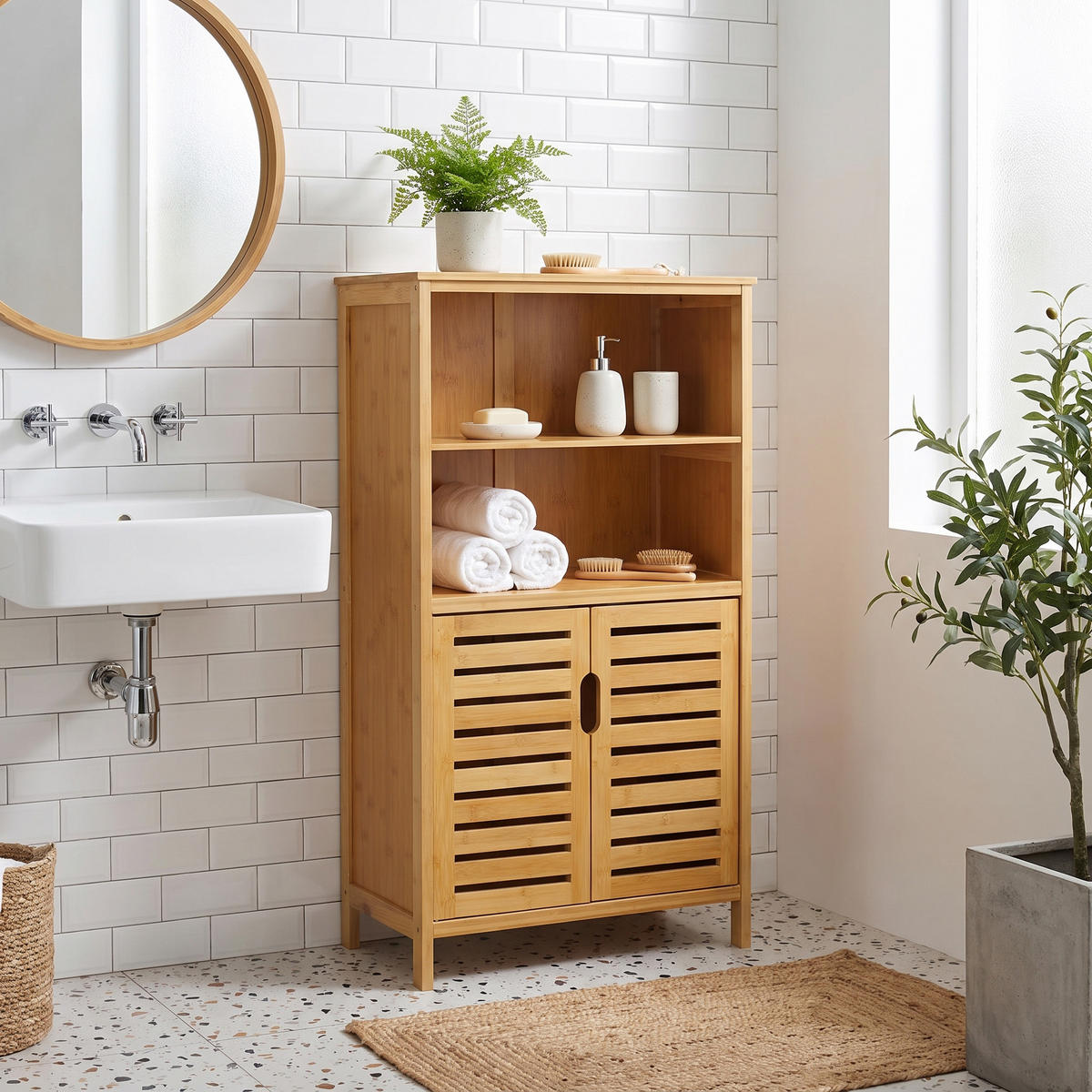 BADRUMSSKÅP Bambu underskåp med jalusidörrar & tippskydd - Naturfärgad, Naturmaterial (50/92/29cm) - Urban Meuble