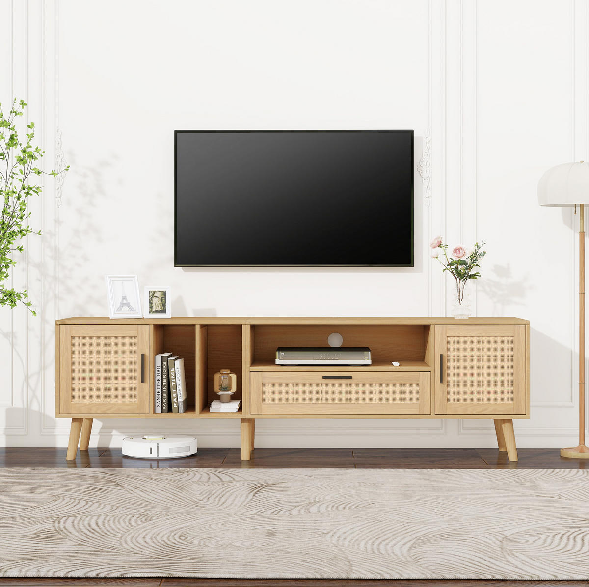 TV-SCHRANK in Eiche-Optik mit Rattan-Front, 2 Türen und 1 Schublade 180/40/48 cm - Eichefarben, Holzwerkstoff (180/54/40cm) - Redom