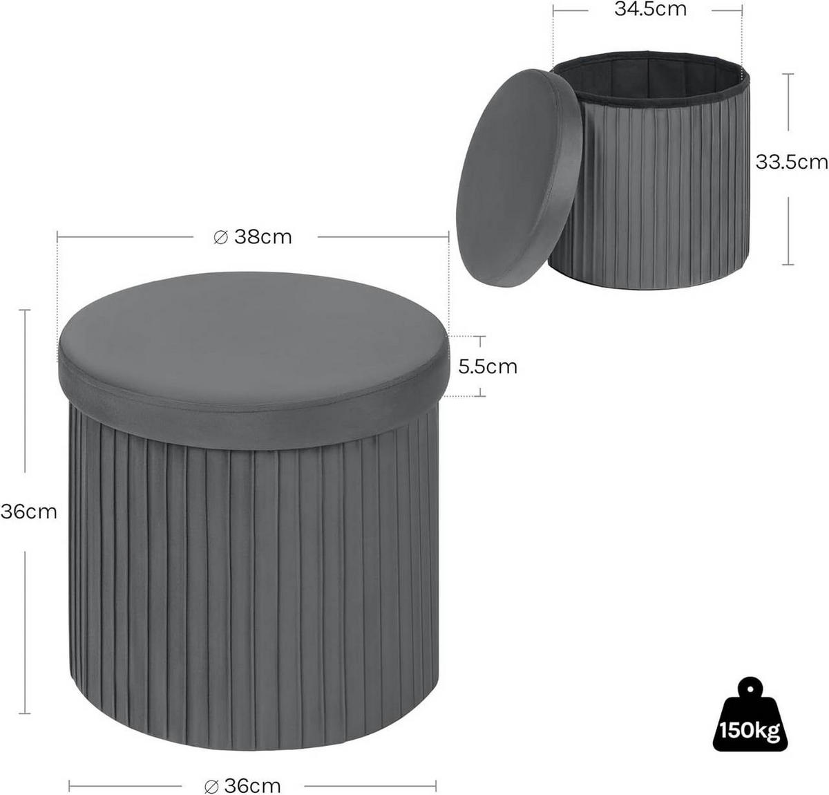 SITZHOCKER mit Deckel Stauraum, Dunkelgrau - Dunkelgrau, Textil (38/36/38cm) - Woltu