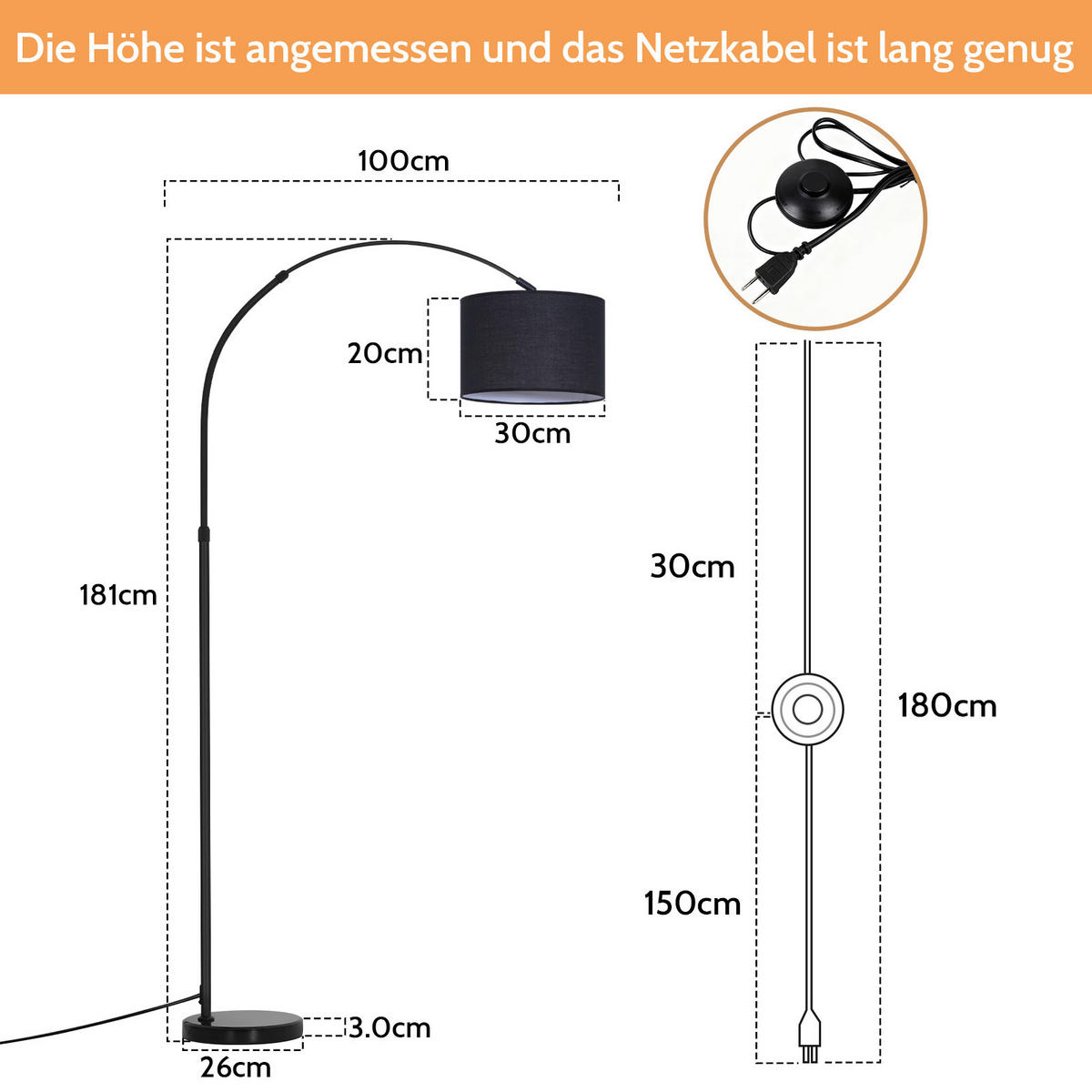 STEHLAMPE Avenirly 30/20/181 cm - Schwarz, Textil/Metall (30/20/181cm) - ZMH