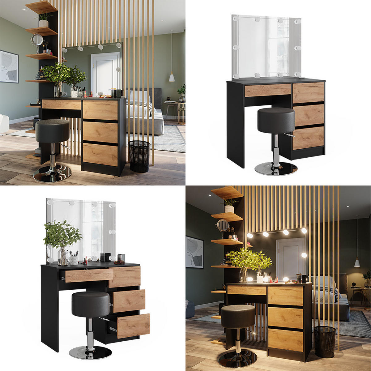 SCHMINKTISCH Sherry Anthrazit/Goldkraft Eiche 90 x 75 cm mit Spiegel, LED-Beleuchtung & Hocker - Anthrazit/Eiche Wotan, Holzwerkstoff (90/75/40cm) - Vicco