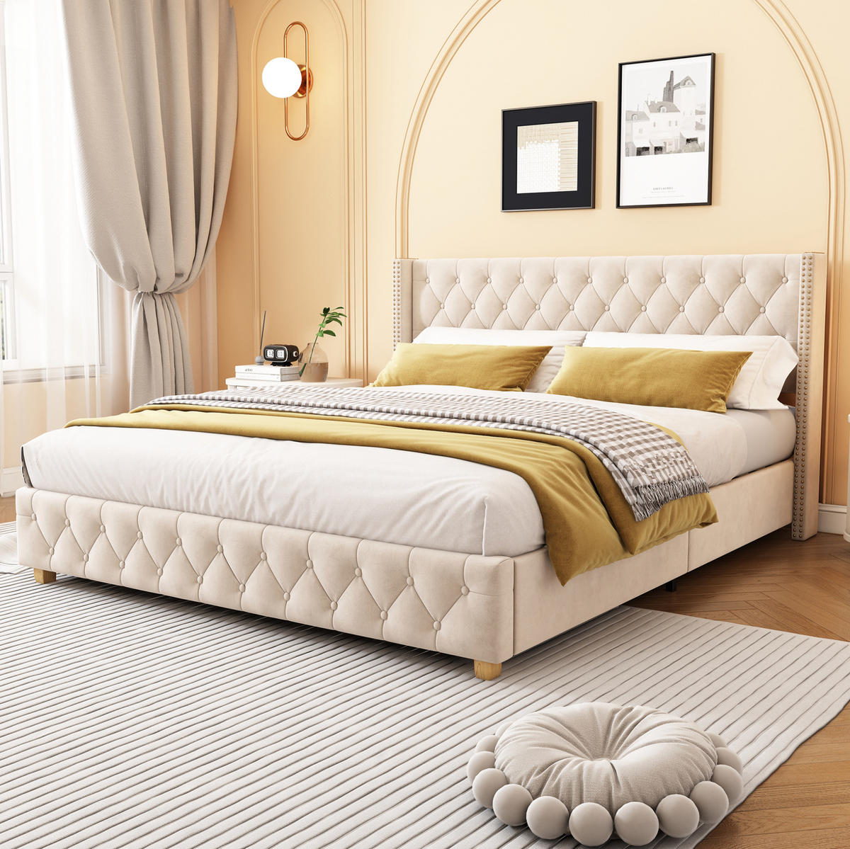 SAMT-POLSTERBETT 160/200 cm mit Lattenrost und gepolstertem Kopfteil in Hellbeige - Beige, Textil (160/200cm) - BEAOK