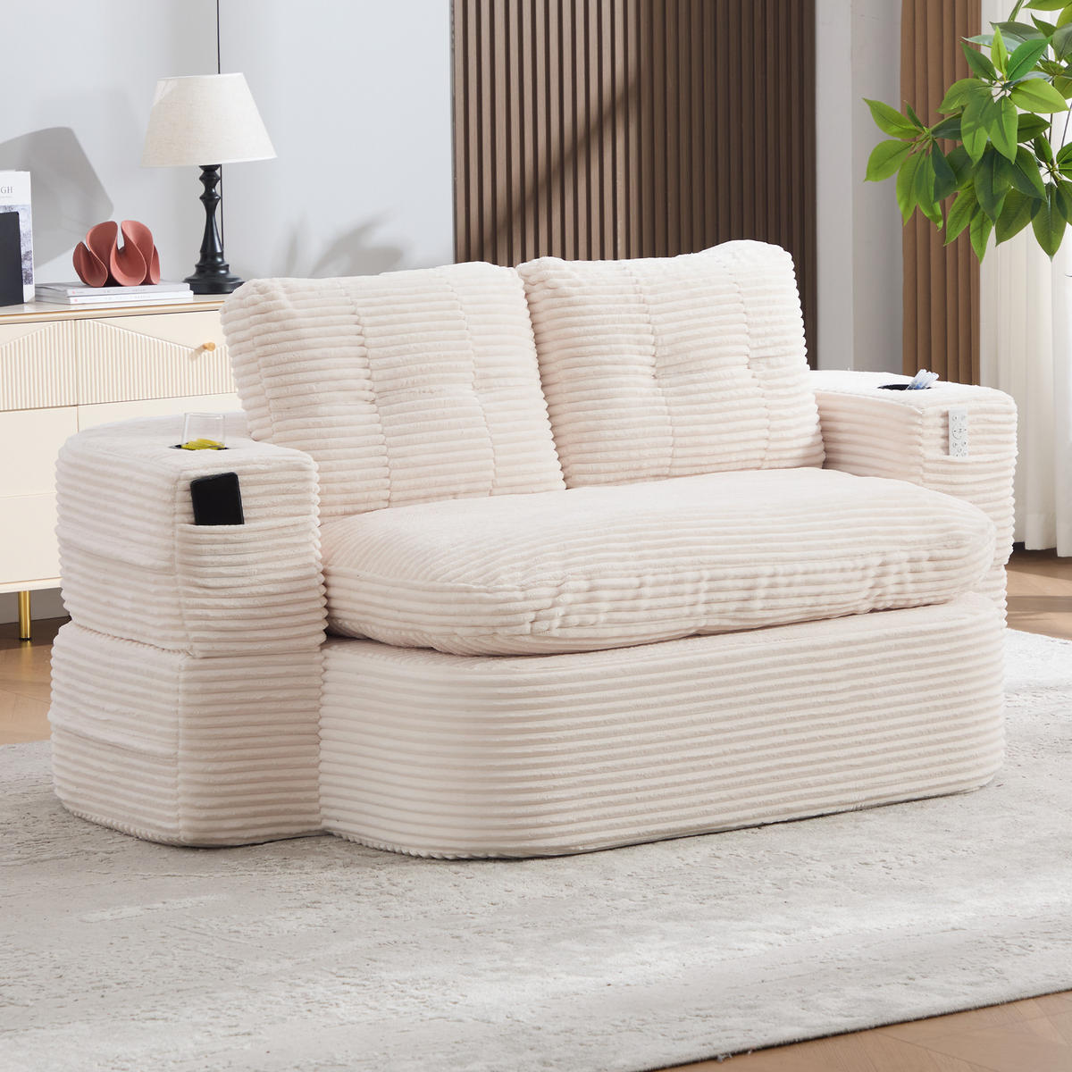 SOFA mit Liegefunktion und Getränkehaltern aus Cord in Beige - Beige, Textil (165/61/97cm) - EVRYAE
