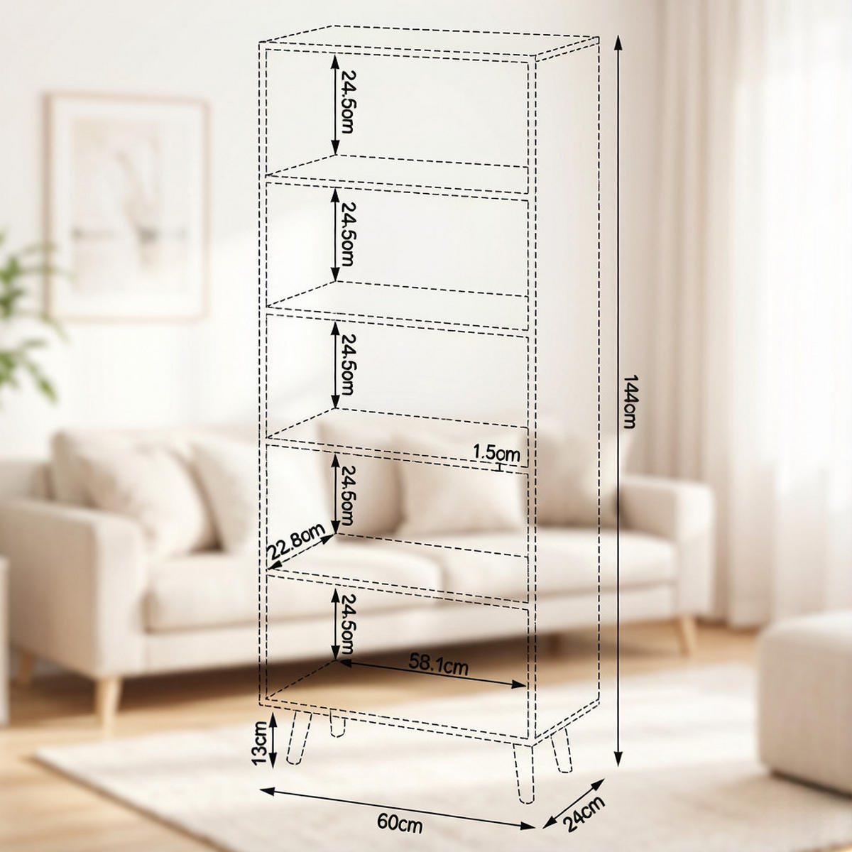 BÜCHERREGAL Weiß 5 offene Fächer und Massivholzfüße 60/24/144 cm - Weiß, Holz (24/144/60cm) - PANGIVO