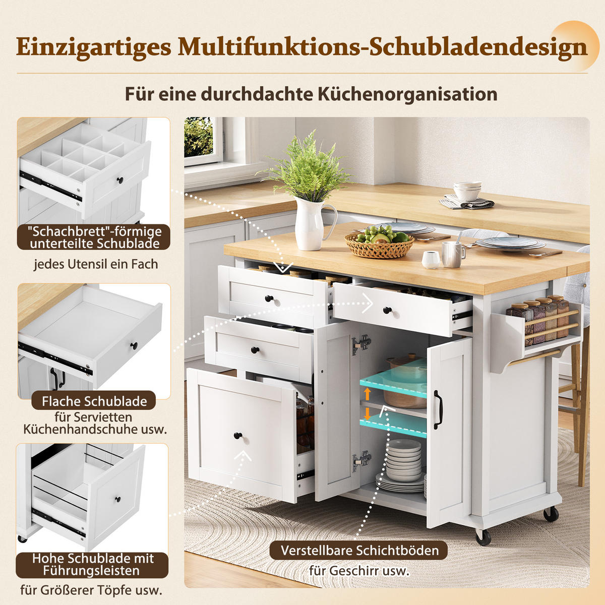 KÜCHENINSEL Servierwagen 107×45–70×90,5 cm aus MDF mit ausklappbarer Arbeitsplatte & 9-Fach-Schublade, weiß-natur - Weiß, Holzwerkstoff (70/90.5/107cm) - Luhomfu