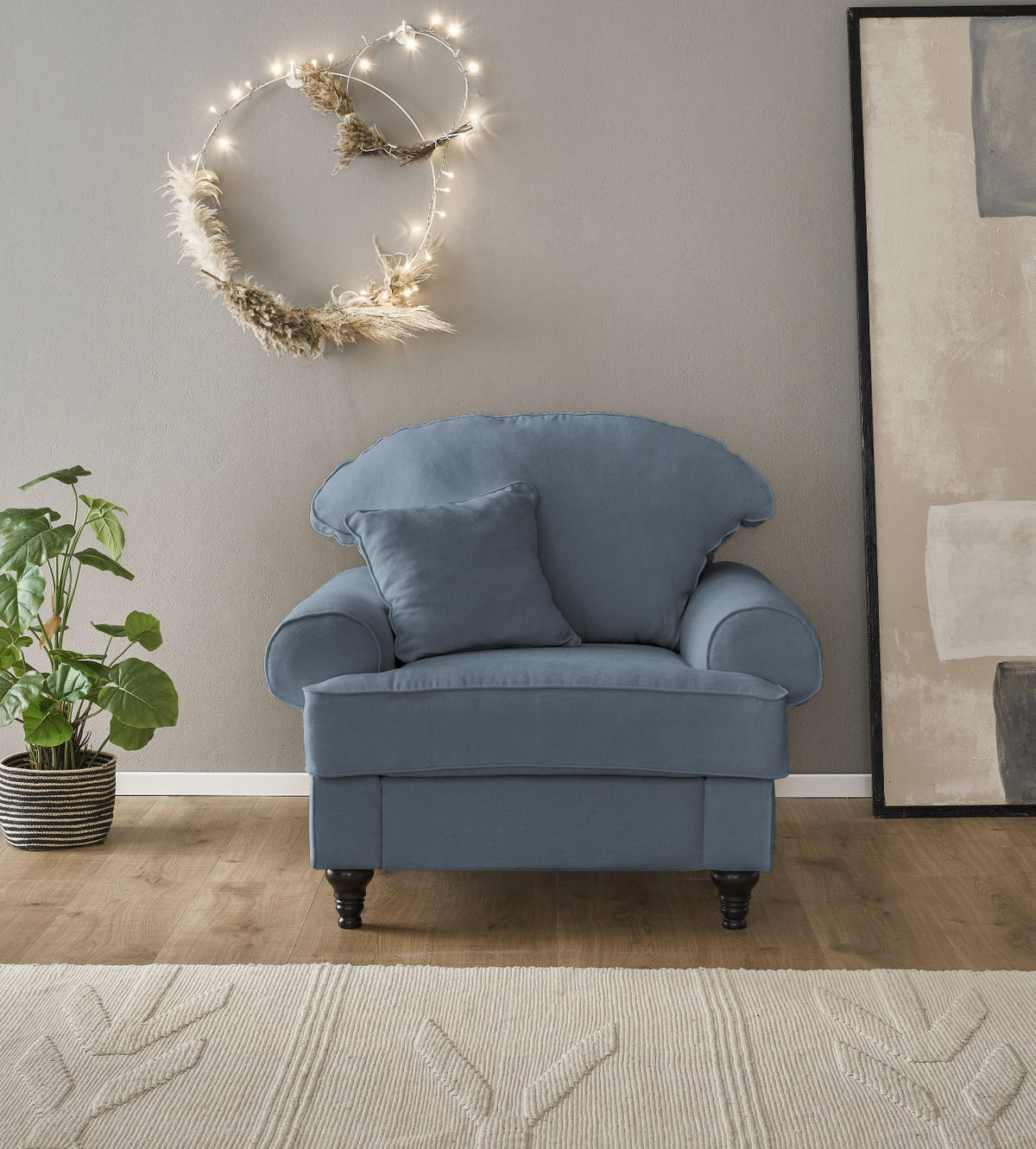 SESSEL blau Landhaus, Loungesessel 110 cm - Blau/Braun, Holz/Textil (110/95/100cm) - Furn.Design