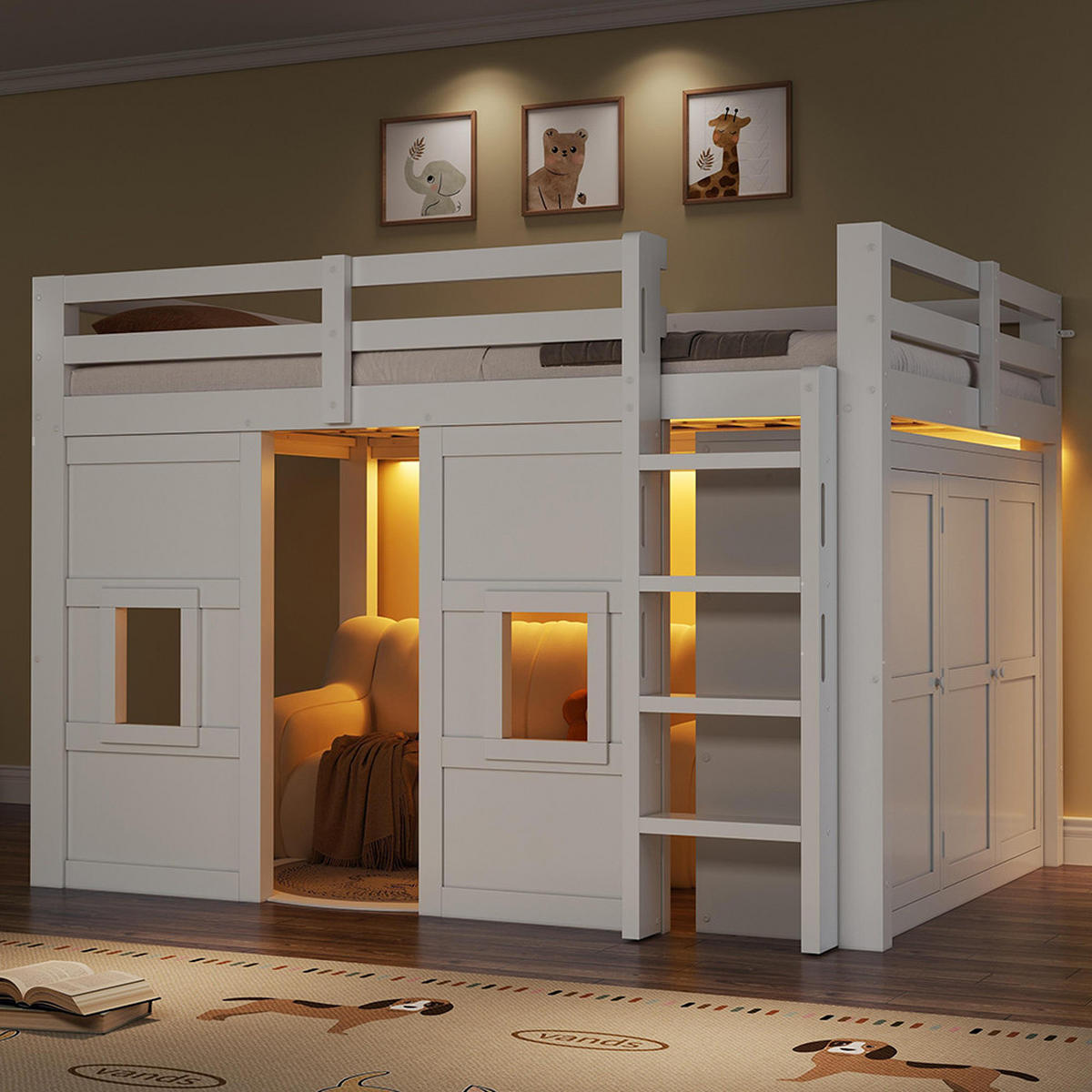 HOCHBETT 140 x 200 cm mit integriertem Kleiderschrank, weiß - Weiß, Holz (140/200cm) - KOMHTOM
