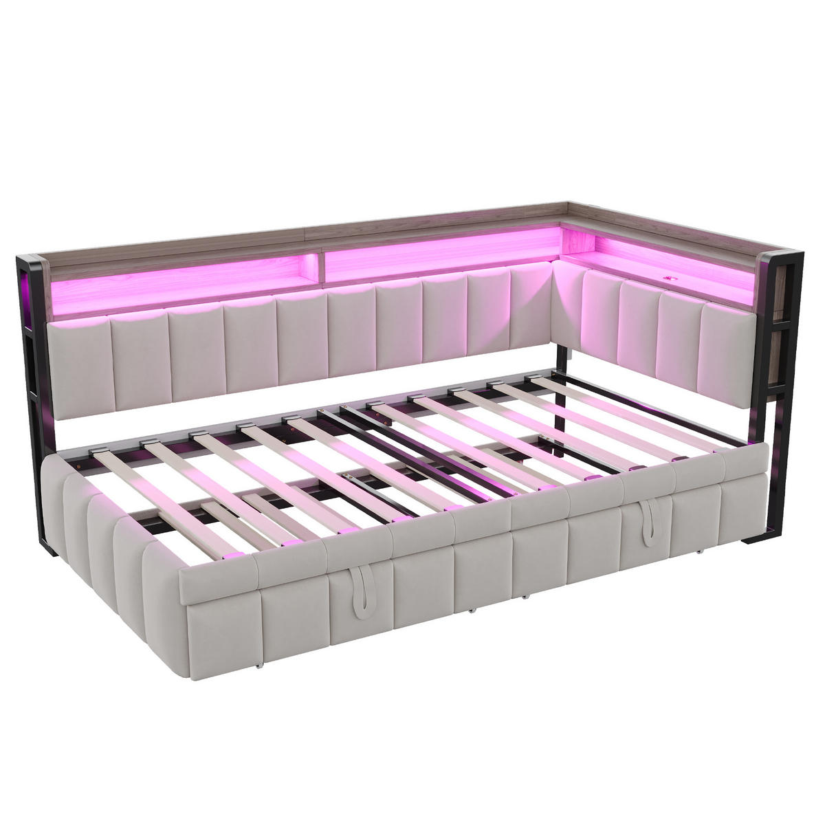 AUSZIEHBETT 90/200 cm ausziehbar mit LED und USB, DE-41717, in Hellgrau - Hellgrau, Metall (90/200cm) - ComfortXL