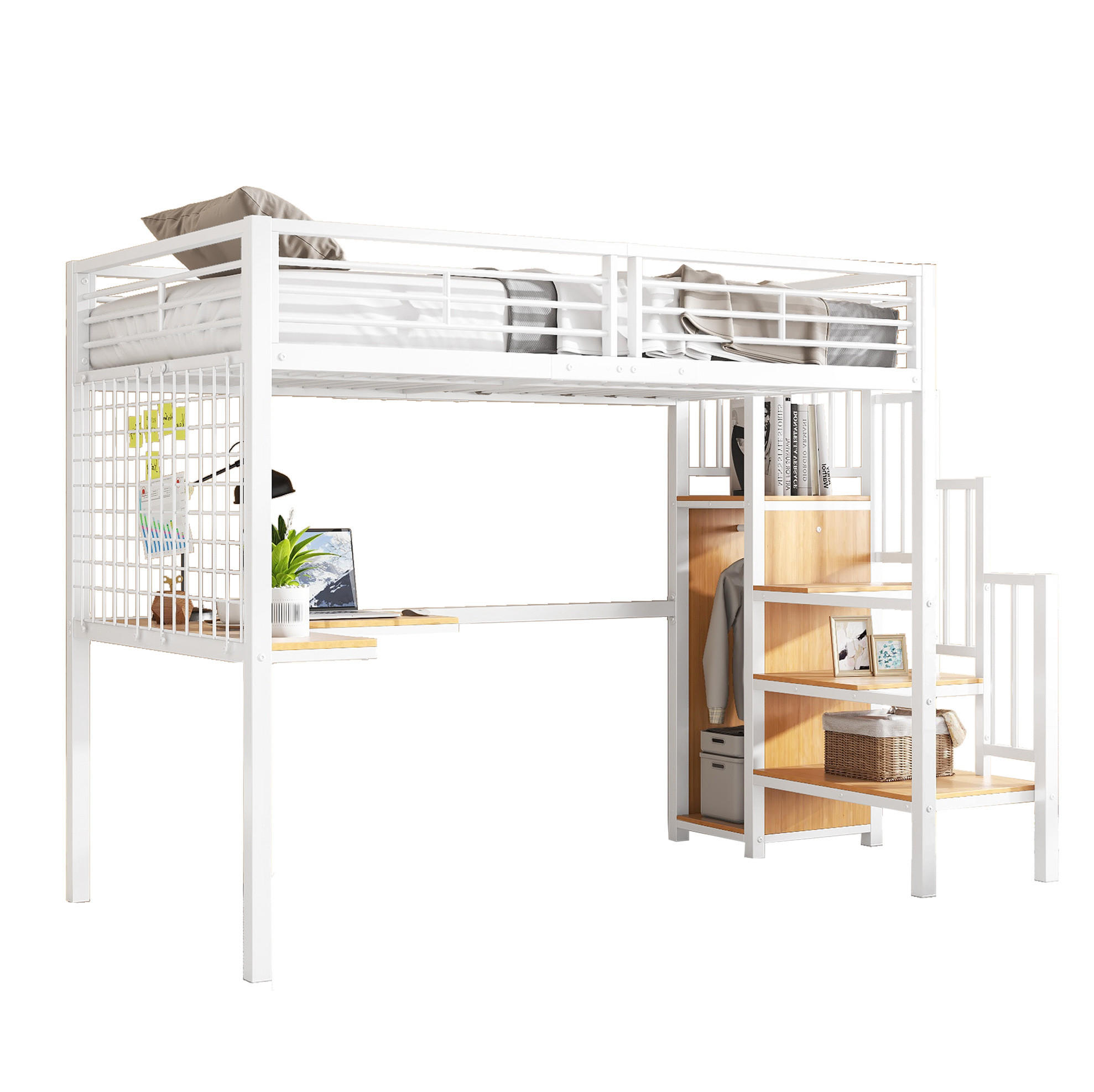 HOCHBETT 90/200 cm aus Metall und Holzwerkstoff mit Schrank und Schreibtisch Weiß/Natur - Weiß, Holzwerkstoff (90/200cm) - Modenvie