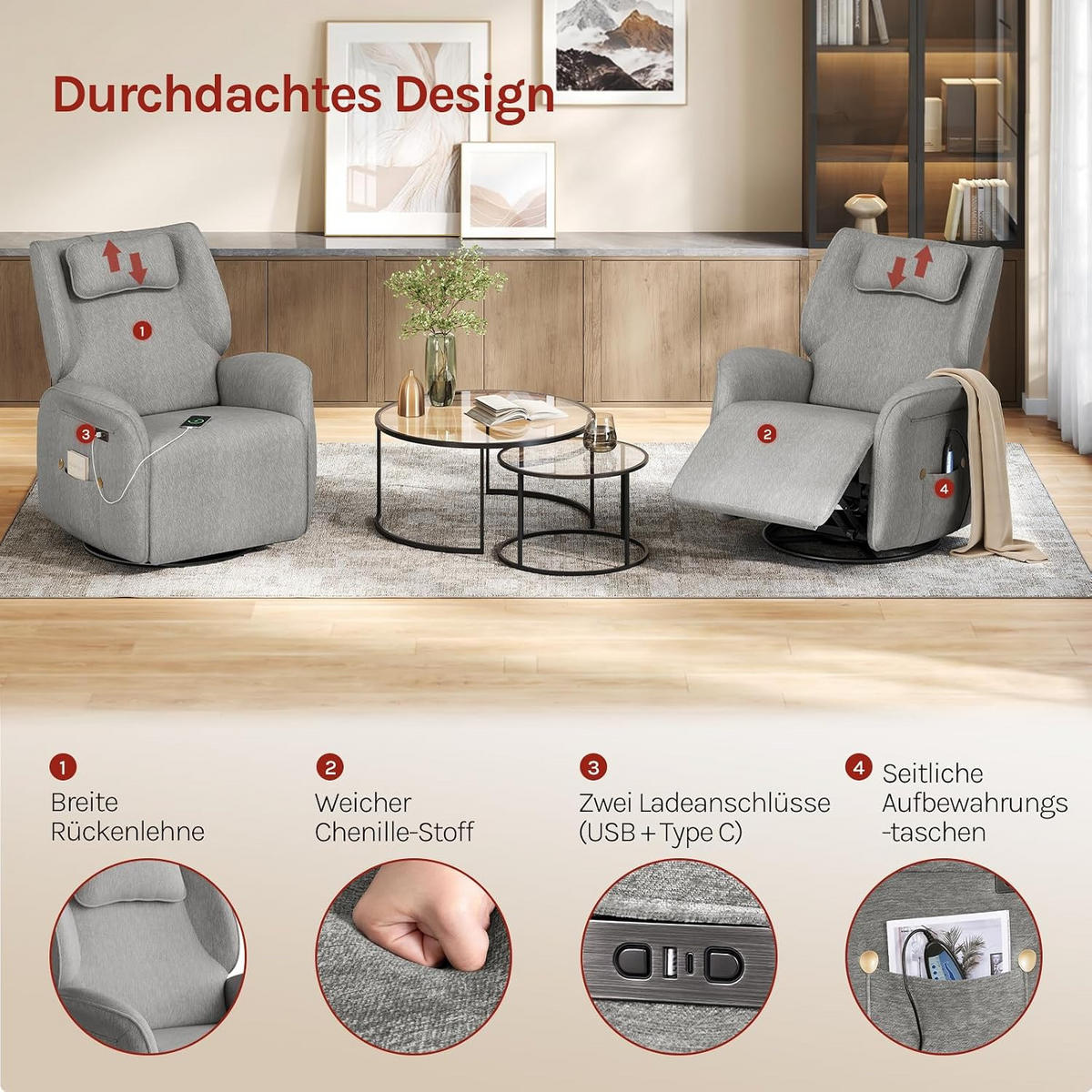 RELAXSESSEL mit Massage, Liegefunktion, Ladeport, Grau - Grau, Kunststoff/Textil (84/97/99cm) - Woltu