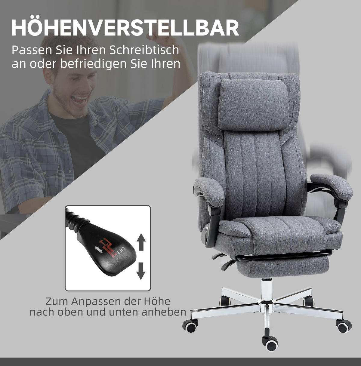 BÜROSTUHL in Grau 61x65x113 cm mit Vibrationsmassage, Liegefunktion und Fußstütze - Grau, Textil (65/113/61cm) - IVMEU