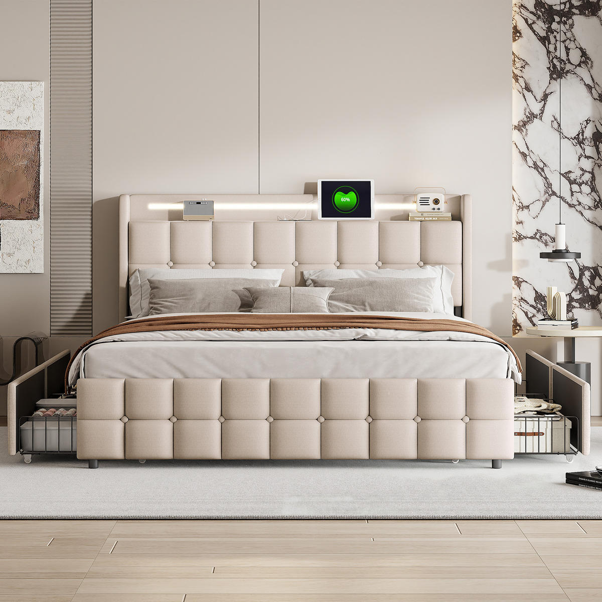POLSTERBETT 180x200 cm Doppelbett, 4 Aufbewahrungsschubladen, LED-Leuchten & USB-Ladeanschluss, Leinenstoff in Beige - Beige, Holz (180/200cm) - BRILVERDE
