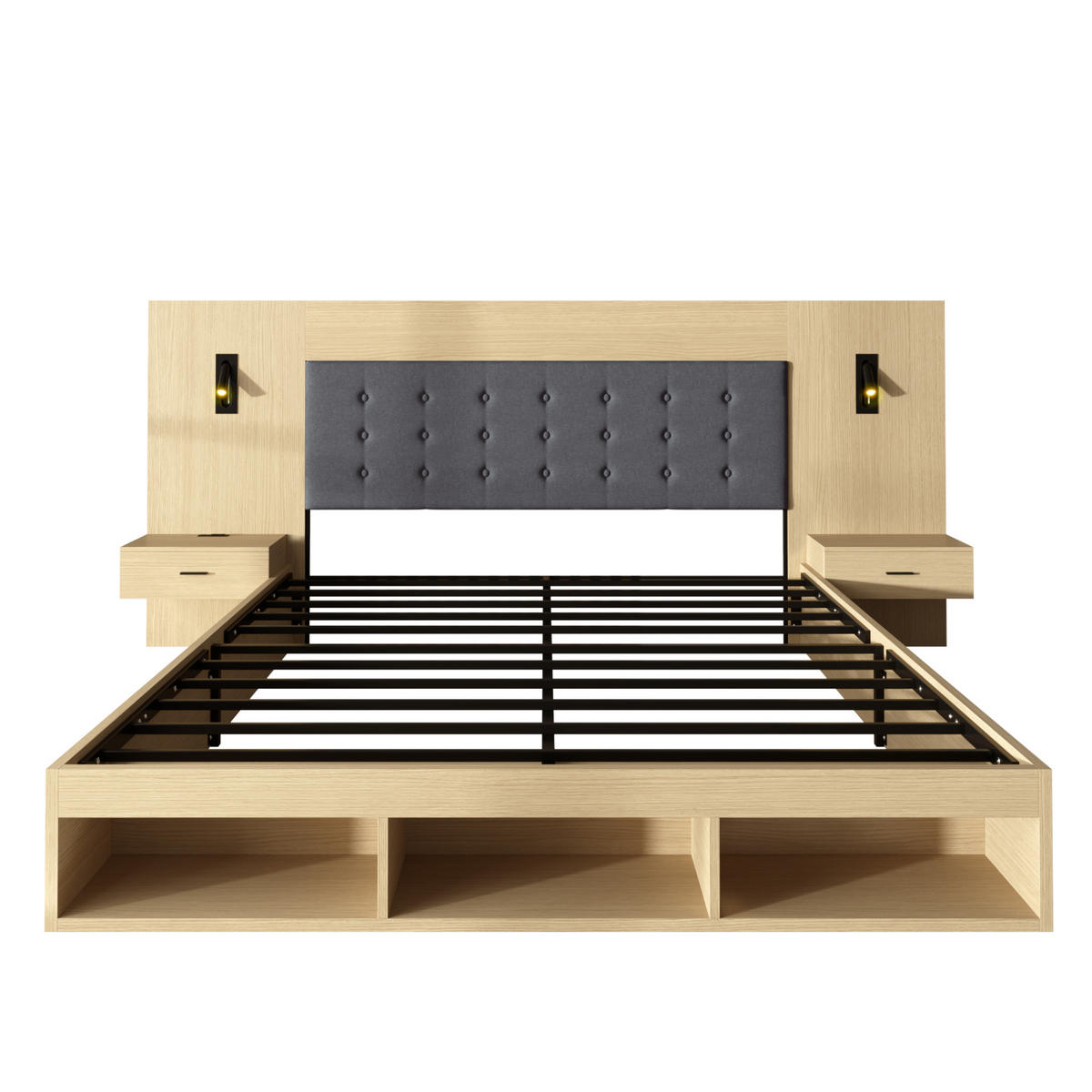 MANŽELSKÁ posteľ 160/200 cm svetlý dub z MDF s úložným priestorom USB Type-C a lampami s 2 nočnými stolíkmi - farba duba, kompozitné drevo (180/200cm) - OKWISH