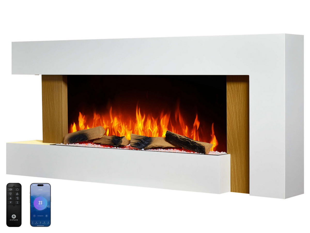ELEKTROKAMIN Fjord AF52 – 3D-Flammeneffekt, Heizfunktion, WLAN - Weiß, Glas/Holzwerkstoff (132/58/21cm) - ArtiFlame