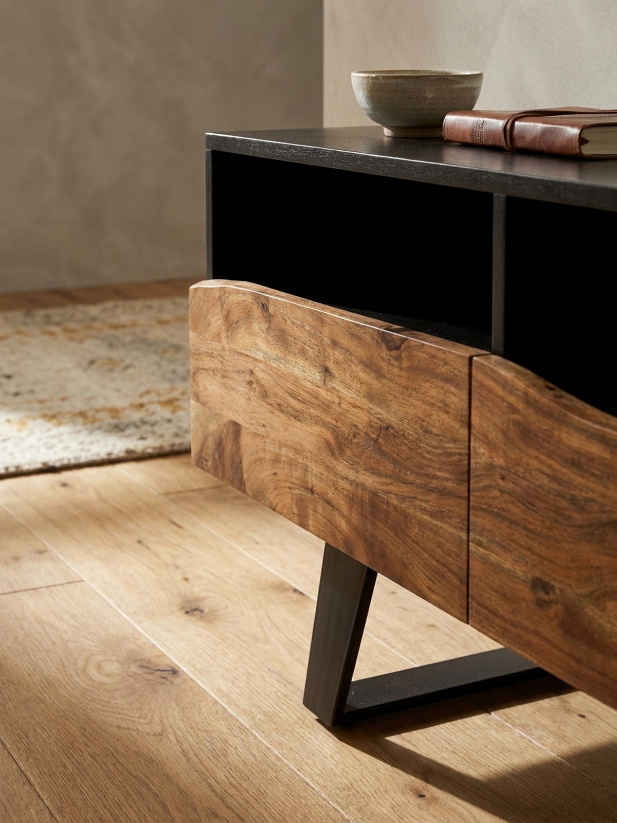 LOWBOARD Akazie Massivholz Modern Stil 140x50x40 cm Baumkante mit Schublade und Türen - Schwarz, Holz/Metall (140/50/40cm) - KADIMA DESIGN