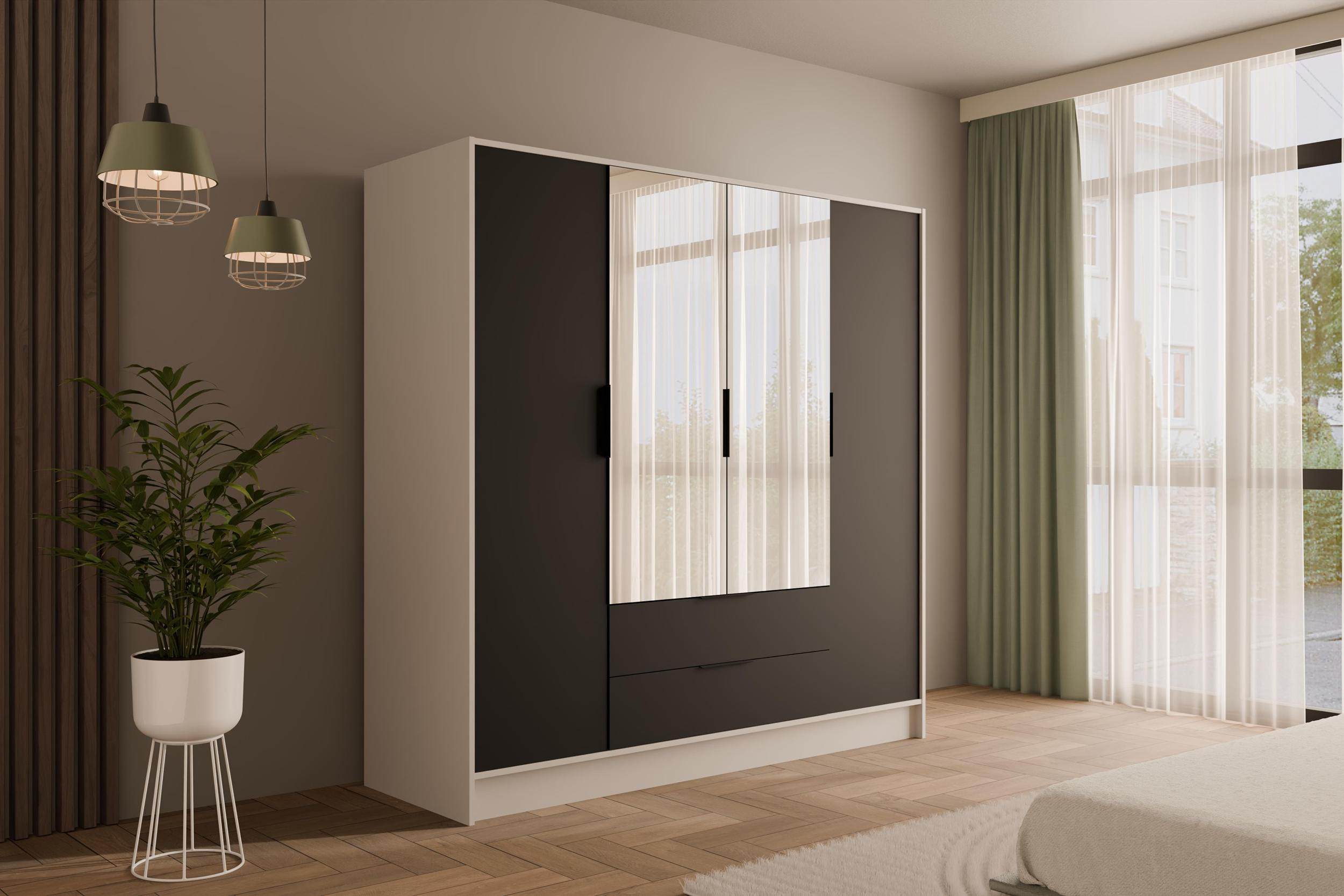 KLEIDERSCHRANK mit Spiegel und Flügeltüren KOLIN 200x200cm Weiß / Schwarz - Schwarz/Weiß, Holzwerkstoff (200/200/51cm) - ALTDECOR