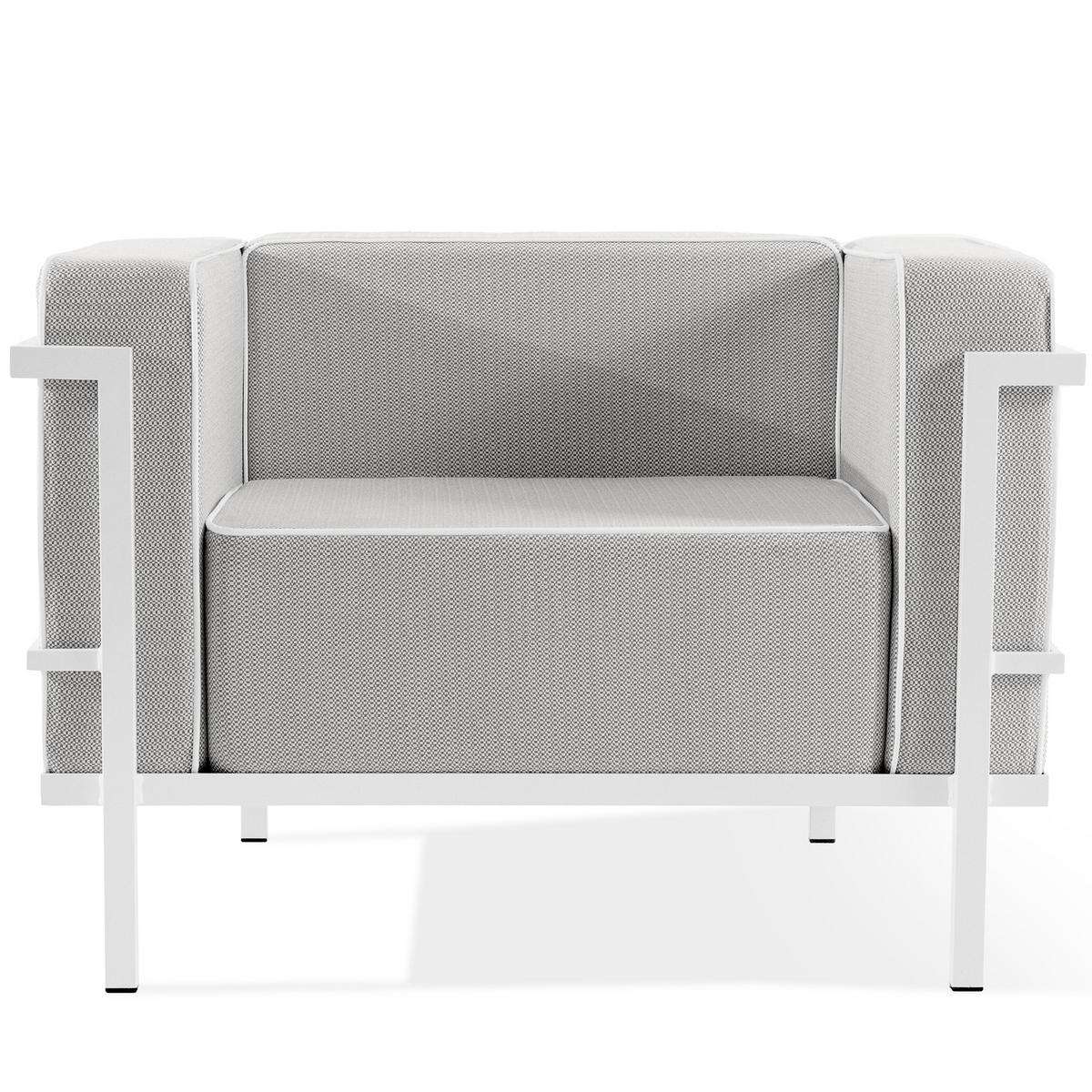 GARTENLOUNGE-SET TRIGLO 1x Tisch, 2x Sessel, 1x Sofa 3-Sitzer, 4-tlg., Modern, Weiß - Dunkelgrau/Weiß, Glas/Textil - KONSIMO®