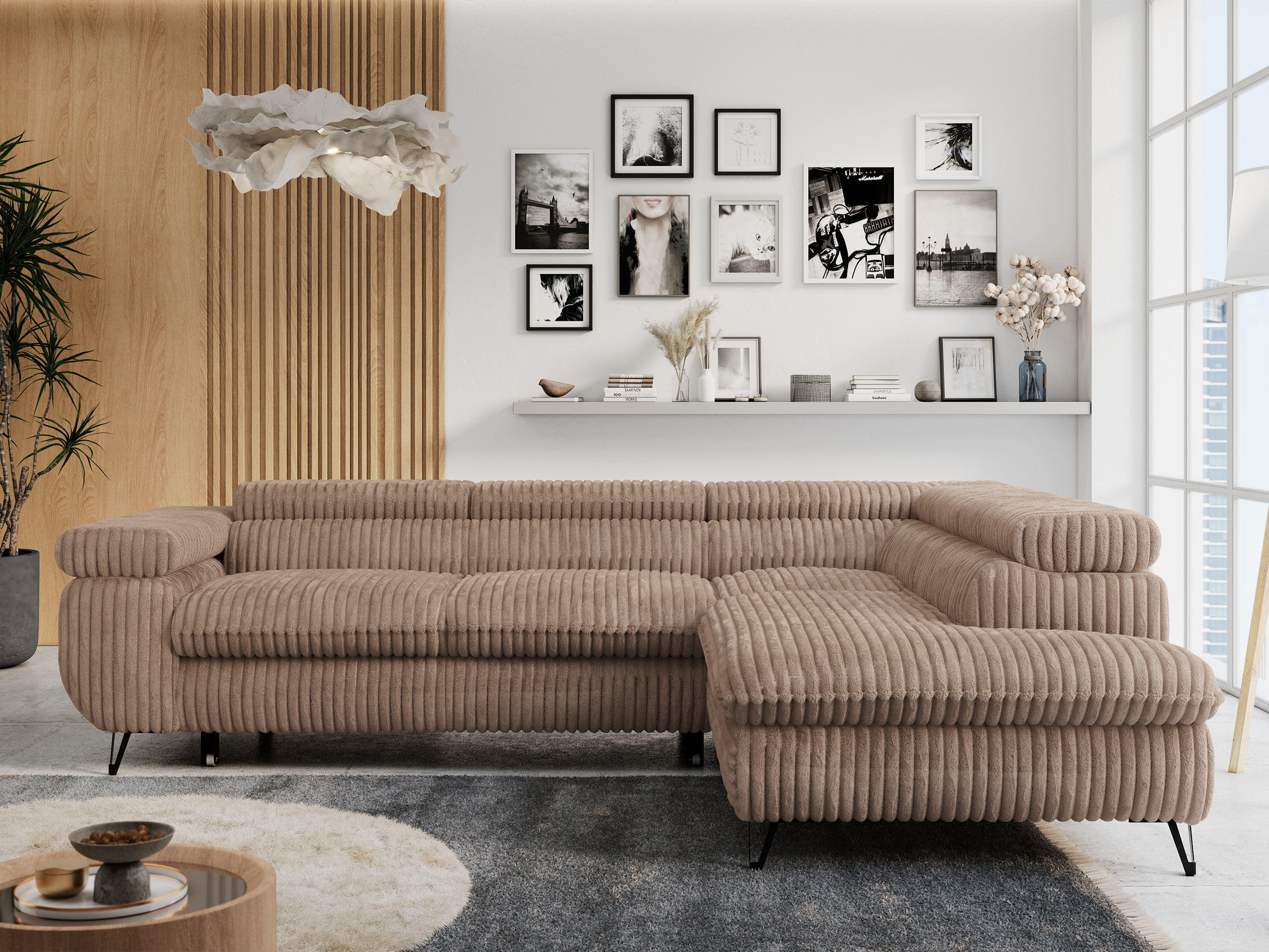 ECKSOFA PETER L Braun Cord - Rechts Seite - Schwarz/Braun, Textil/Metall (273/208cm) - MKS