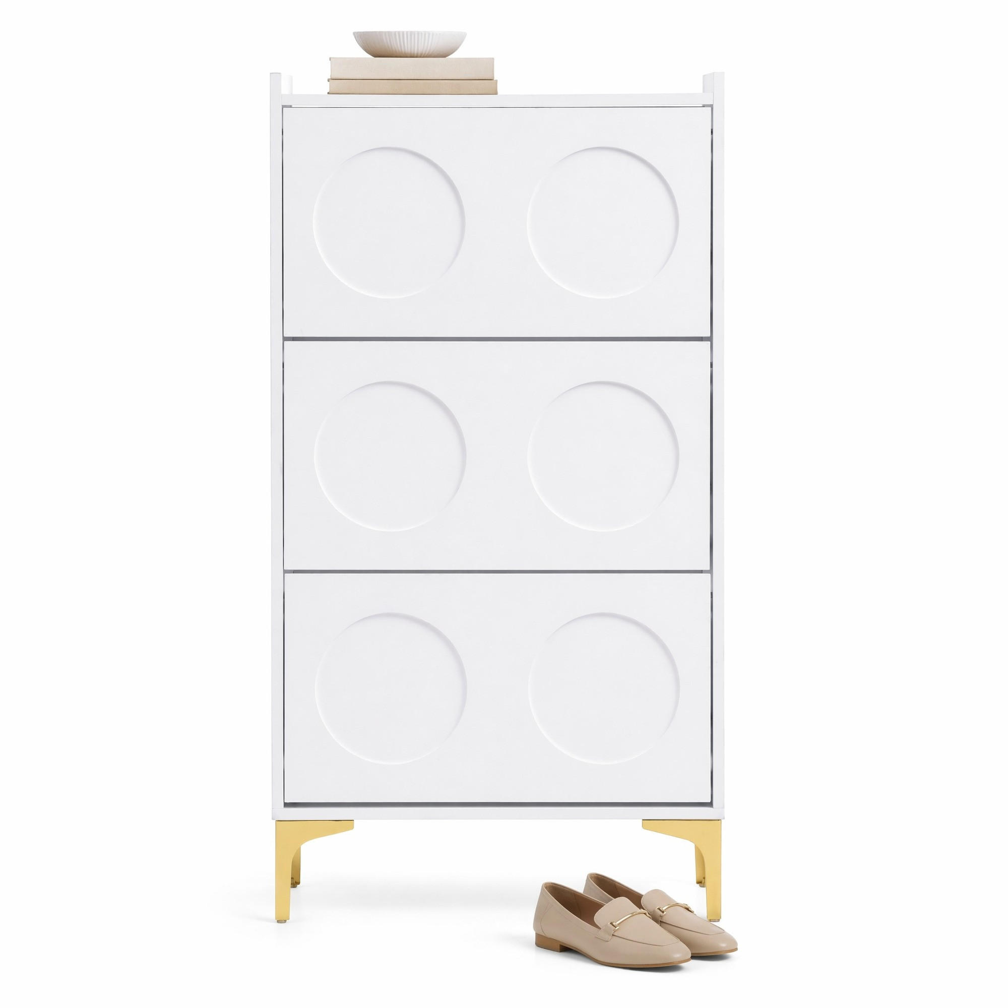 SCHUHSCHRANK in Weiß mit 3-stöckigem Design, großem Stauraum und stabilen Metallfüßen, B63/T24/H120cm - Goldfarben/Weiß, Holzwerkstoff/Metall (63/120/24cm) - STILVORA