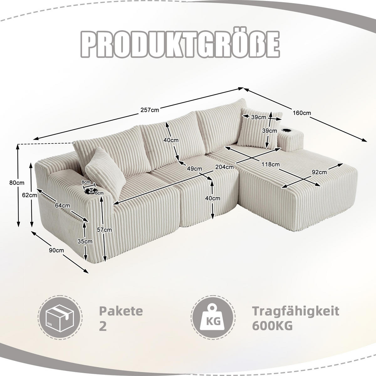 ECKSCHLAFSOFA Modulares Sofa mit Schlaffunktion,Chaiselongue + Zweisitzer,Beige - Beige, Textil (257/160cm) - LVHOM