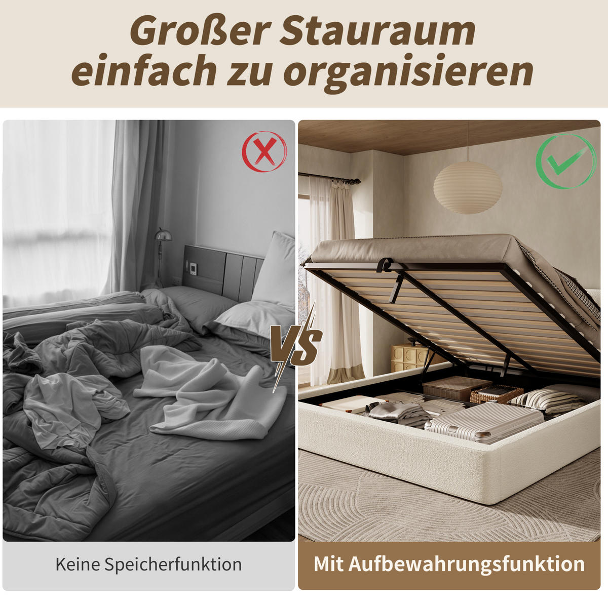 POLSTERBETT 180/200 cm mit hydraulischem Stauraum, Lattenrost und abnehmbarem Bouclé-Bezug, Beige - Beige, Textil (180/200cm) - Redom