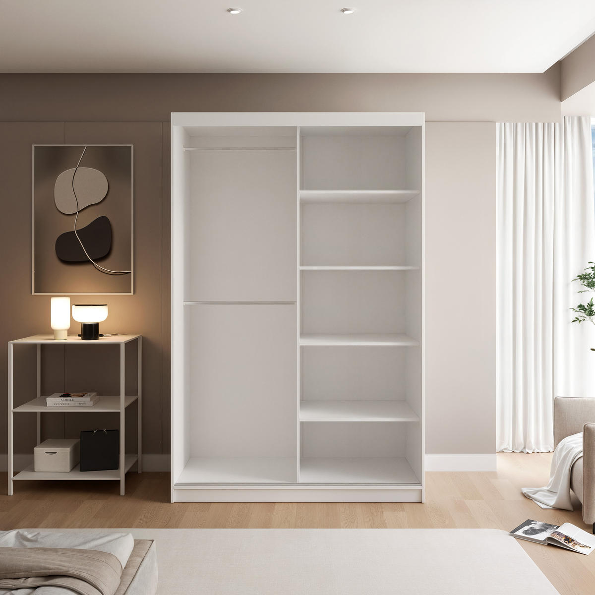 SCHIEBETÜRENSCHRANK SILENTE 140 cm mit Einlegeböden und Kleiderstange - Weiß, Holzwerkstoff (140/205/60cm) - Idohome