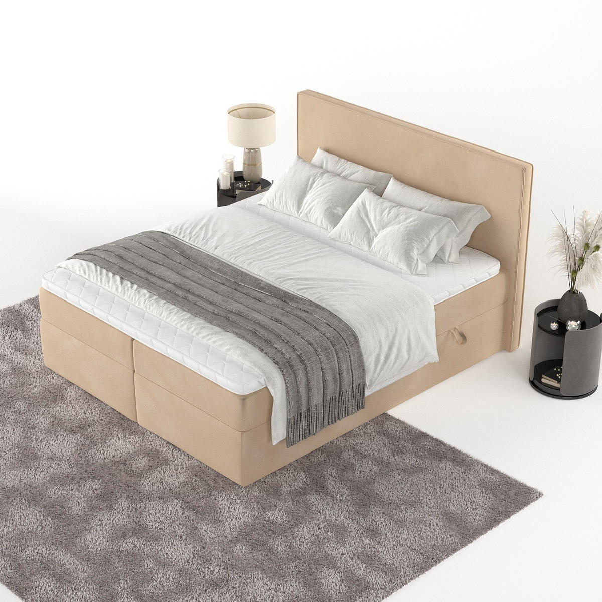 BOXBETT Nuvia 140/200 cm Beige im Kronos Stoff - Beige/Schwarz, Holz/Holzwerkstoff (140/200cm) - AltaBeds