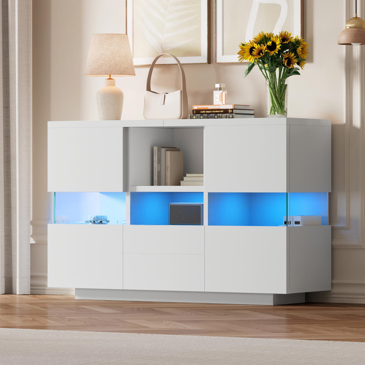 SIDEBOARD 140/35/75 cm in Weiß mit Glas-Elementen, Schubladen & offenen Fächern - Weiß, Holzwerkstoff (140/75/35cm) - BEAOK