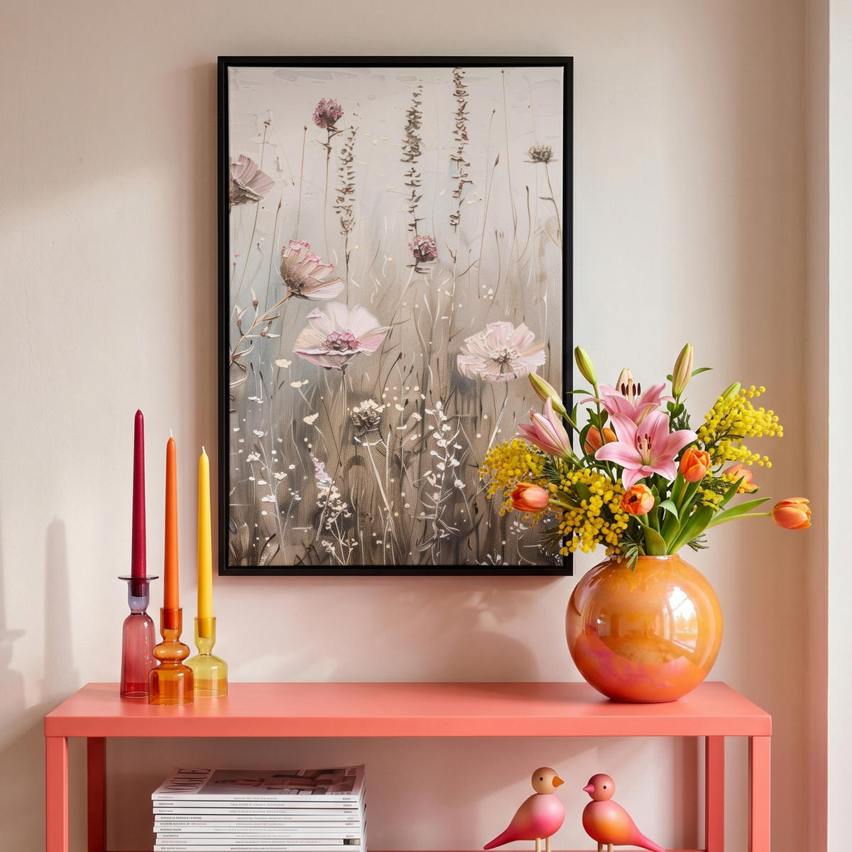LEINWAND Bilder mit Rahmen - Blumen - Rosa - Modern - Beige - 40x60 - Beige, Textil (40/60cm) - MuchoWow