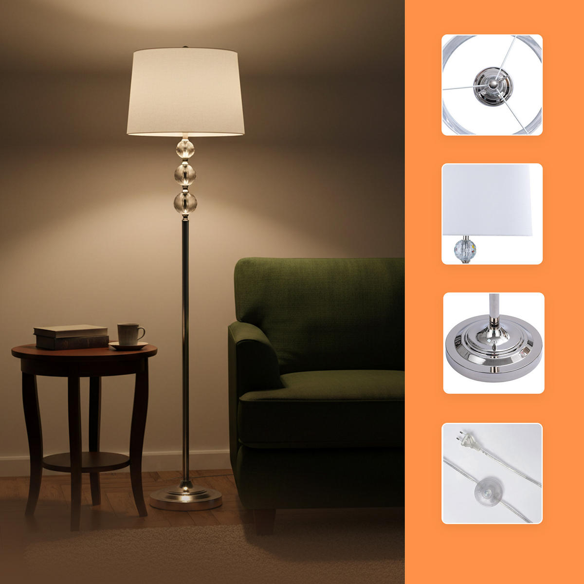 STEHLAMPE - Silberfarben, Glas/Textil (35.5/35.5/155cm) - Relaxdays